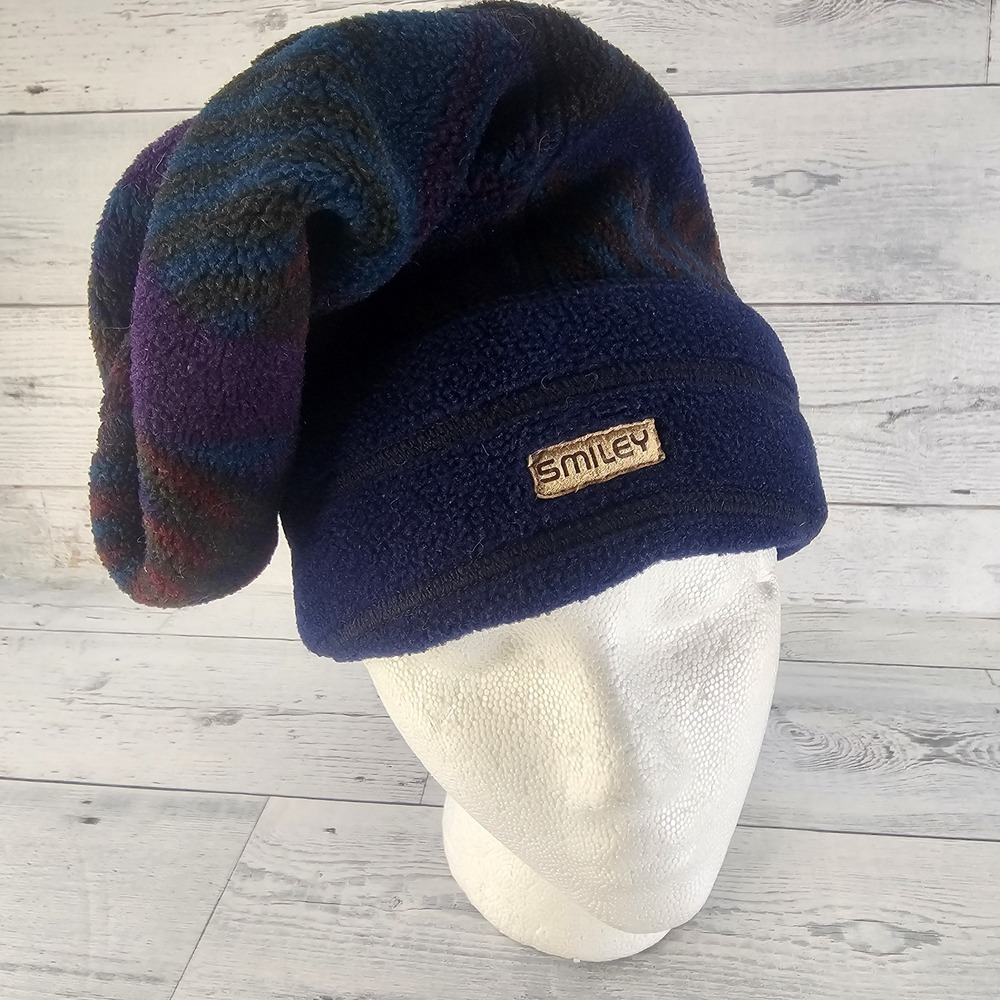 Vintage Smiley Fleece Beanie Hat Multi Winter Ski Snow Cap Aztec USA Y2K Long